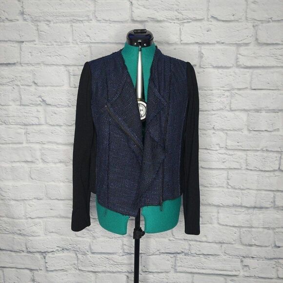 Elie Tahari Womens Blue Black linen cotton Asymmetrical Motto Jacket Size Small